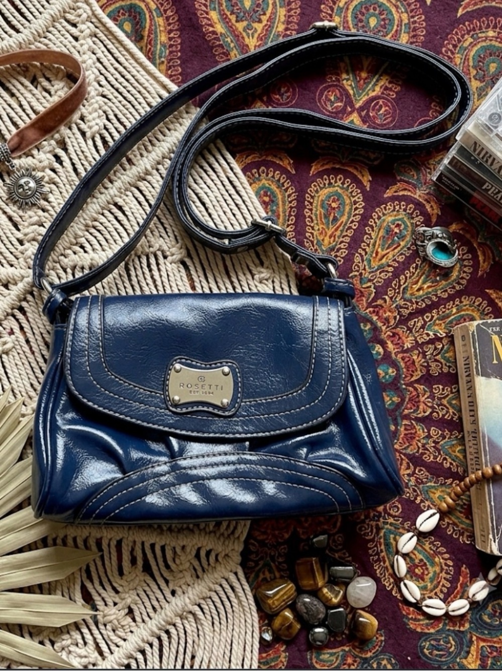Vintage 90s Rossetti Navy Blue Crossbody Purse Adjustable Strap Chrome Hardware